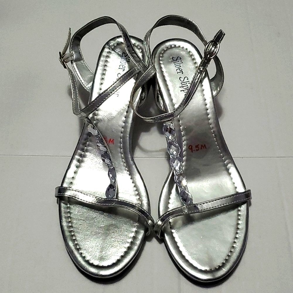 Silver Slipper Azura Silver Embellish Kitten Heels Evening Wedding Sandals 9.5M
